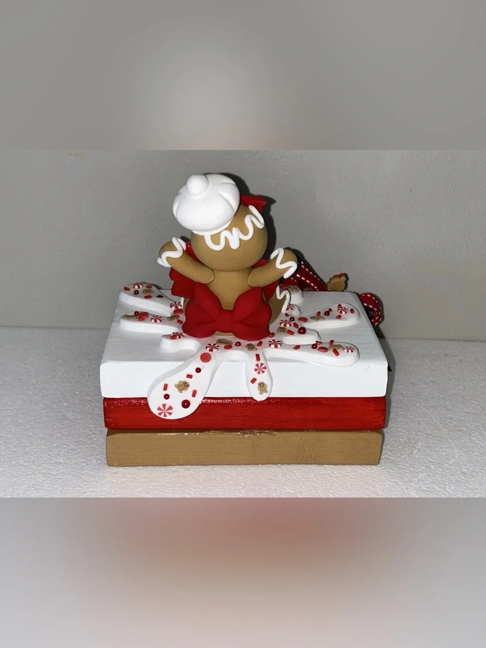 Fake Gingerbread Baker Tabletop Accent Book Stack - Red, White & Brown Handmade